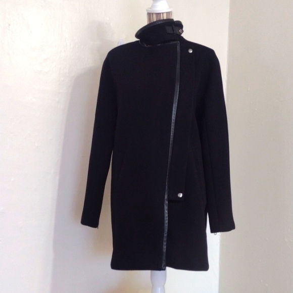 Madewell Black Wool Blend City Grid Cocoon Coat Leather Trim Size 4 - Picture 3 of 13
